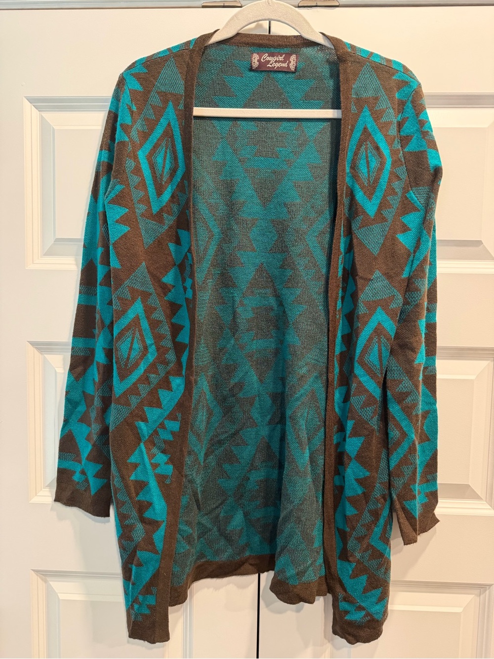 Cowgirl Legend Teal & Brown Aztec Open-Front Women's Sweater Cardigan